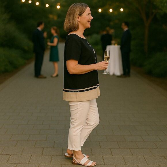 Virgo Women's Tunic Top Size 10, Black / Cream Gold Studs Rayon / Poly Blend #BH - Picture 3 of 11